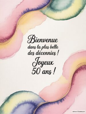 Texte de bienvenue coloré pour un anniversaire avec des formes abstraites.