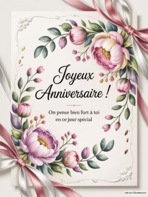 Carte virtuelle anniversaire avec des fleurs pastel, bordure élégante et rubans doux.