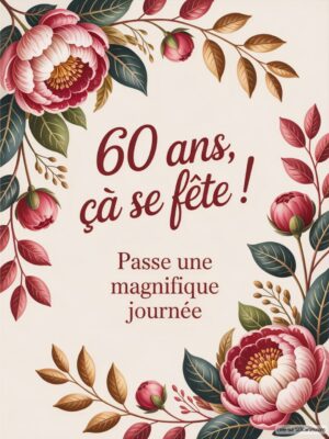 Carte virtuelle 60 ans avec fleurs colorées, texte en rouge sur fond crème, ambiance joyeuse.