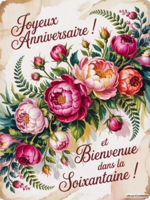 Carte virtuelle anniversaire et bienvenue dans la soixantaine, avec des fleurs colorées et un design vintage.