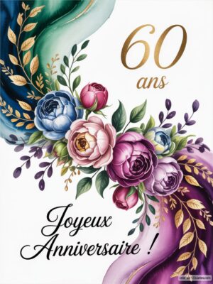 Carte virtuelle anniversaire 60 ans avec fleurs colorées et fond élégant, design floral animé.