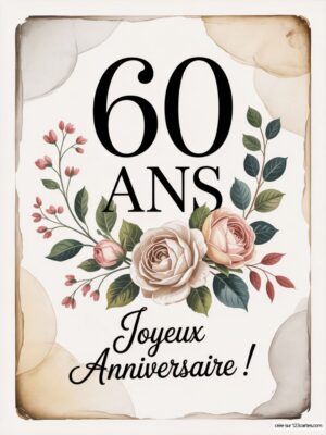 Carte virtuelle anniversaire 60 ans avec fleurs pastel, design élégant et ambiance festive.