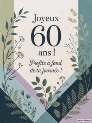 Carte virtuelle anniversaire 60 ans, motifs floraux délicats sur fond pastel, ambiance joyeuse et festive.