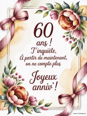 Carte virtuelle anniversaire 60 ans avec fleurs pastel, rubans délicats et message festif.