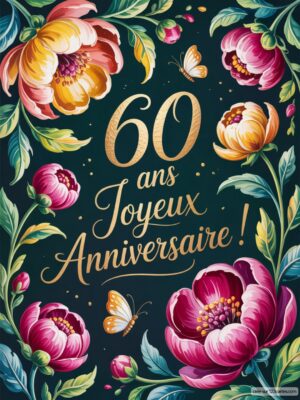 Carte virtuelle anniversaire 60 ans, fleurs colorées sur fond sombre avec papillons animés.