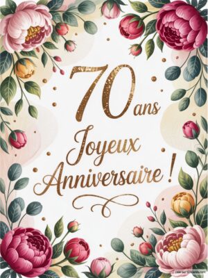 Carte virtuelle anniversaire 70 ans avec fleurs pastels et texte doré, ambiance festive et délicate.