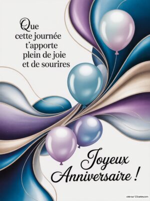 Carte virtuelle anniversaire avec ballons pastel sur fond fluide, ambiance festive et design élégant.