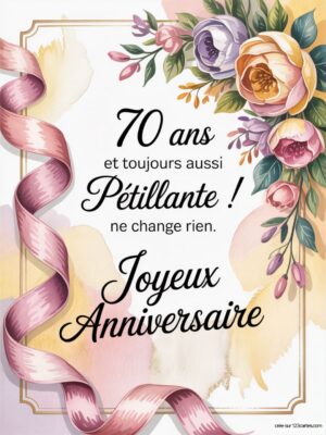 Carte virtuelle anniversaire 70 ans avec fleurs colorées, ruban rose et ambiance festive.