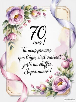 Carte virtuelle 70 ans avec fleurs colorées, design élégant et rubans animés