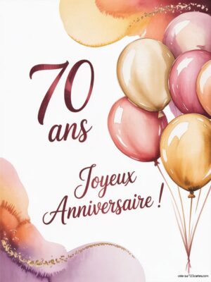 Carte virtuelle anniversaire 70 ans avec ballons pastel et fond aquarelle doux, ambiance festive.