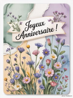 Carte d'anniversaire avec des fleurs colorées et le texte Joyeux Anniversaire ! au centre.