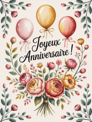 Bouquet de fleurs avec des ballons et le texte Joyeux Anniversaire ! en décor.