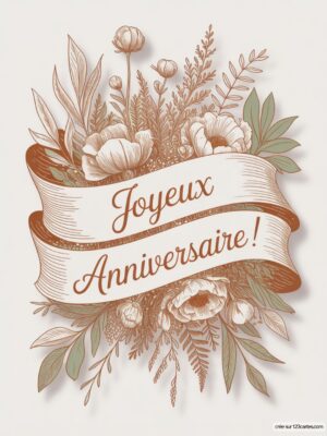 Décor floral avec un bandeau portant l'inscription Joyeux Anniversaire ! en écriture stylisée.