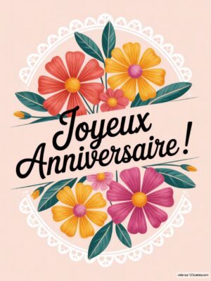 Fleurs colorées avec le texte Joyeux Anniversaire ! sur fond rose.