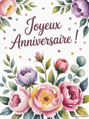 Texte joyeux anniversaire entouré de fleurs colorées et de confettis.
