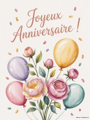 Des fleurs roses avec des ballons colorés et le texte Joyeux Anniversaire ! en haut.