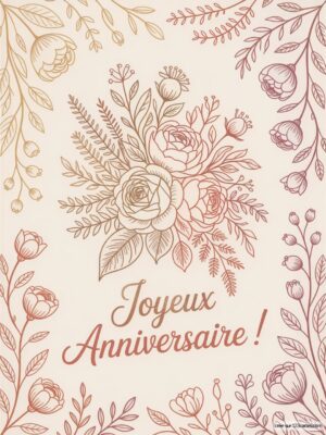 Fleurs stylisées entourant le texte Joyeux Anniversaire ! en dégradé de couleurs.