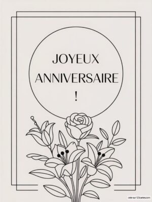 Texte en lettres capitales JOYEUX ANNIVERSAIRE ! entouré de fleurs dessinées.