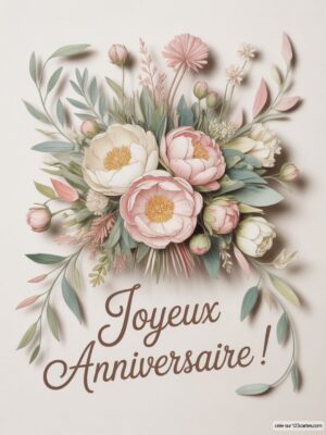 Bouquet de fleurs pastel avec un message Joyeux Anniversaire ! en calligraphie.