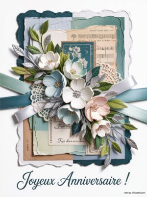 Bouquet de fleurs en relief avec des éléments décoratifs et un message Joyeux Anniversaire.