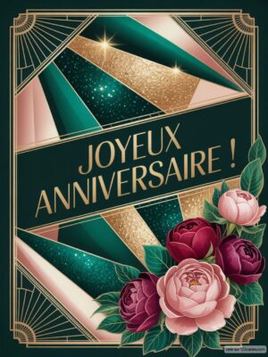 Fond décoratif avec des géométries dorées et des fleurs colorées, texte Joyeux Anniversaire ! en caractère élégant.