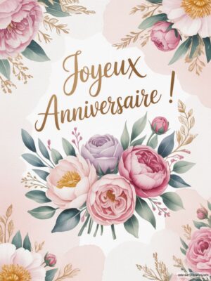 Texte Joyeux Anniversaire ! entouré de fleurs roses et vertes.