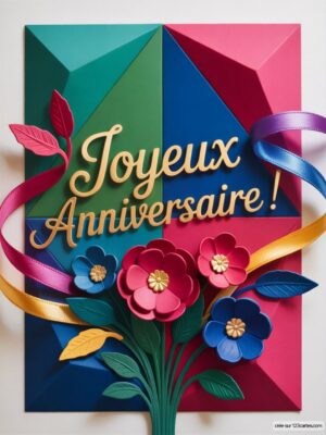Décor coloré avec fleurs en papier et inscription « Joyeux Anniversaire ! » en relief.