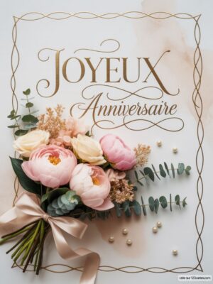 Bouquet de fleurs aux teintes douces avec un message Joyeux Anniversaire en arrière-plan.
