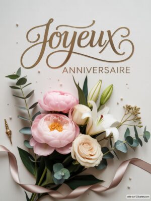Fleurs roses et blanches ornées d'un ruban, avec le texte Joyeux Anniversaire en doré.