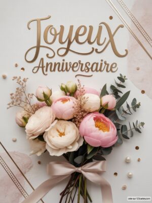Bouquet de fleurs roses avec texte doré Joyeux Anniversaire en arrière-plan.