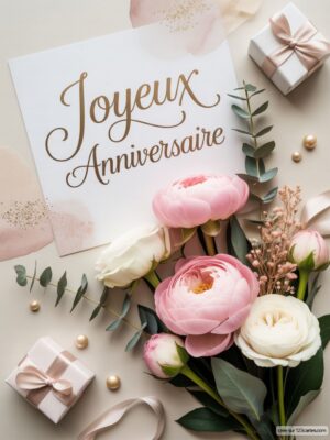 Bouquet de fleurs roses et blanches avec une carte Joyeux Anniversaire et des petites boîtes.