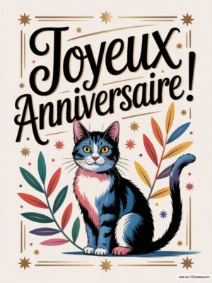Un chat noir et blanc entouré de feuillage coloré avec le texte Joyeux Anniversaire !