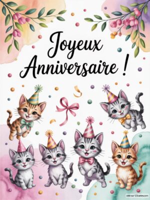 Dessin de six chatons portant des chapeaux de fête avec un message Joyeux Anniversaire ! en haut.