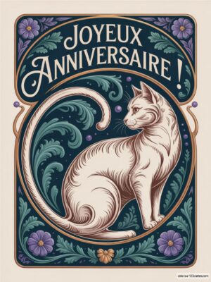 Un chat blanc élégant entouré de motifs floraux avec le texte Joyeux Anniversaire.