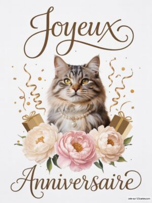 Chat élégant avec un collier, fleurs roses et décorations pour un anniversaire.