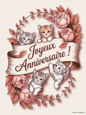 Quatre chatons mignons entourent un message de vœux d'anniversaire décoré de roses.