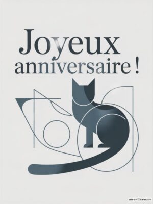 Texte Joyeux anniversaire ! avec un chat stylisé en arrière-plan.