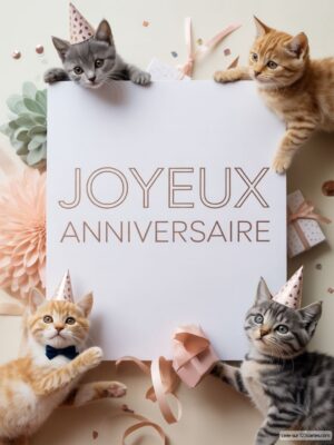 Quatre chatons portant des chapeaux de fête entourent une pancarte Joyeux Anniversaire.
