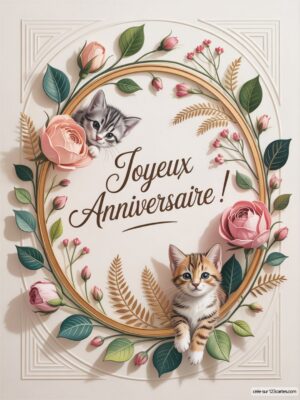 Deux chatons mignons entourés de fleurs et d'un cadre avec le texte Joyeux Anniversaire !