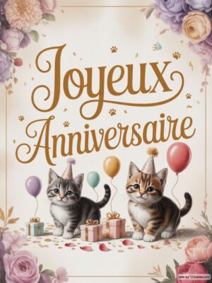Deux chatons avec des chapeaux de fête, entourés de ballons et de cadeaux, avec le texte Joyeux Anniversaire.