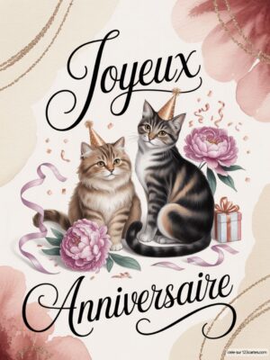Deux chats portant des chapeaux de fête entourés de fleurs et d'un cadeau, avec Joyeux Anniversaire écrit.