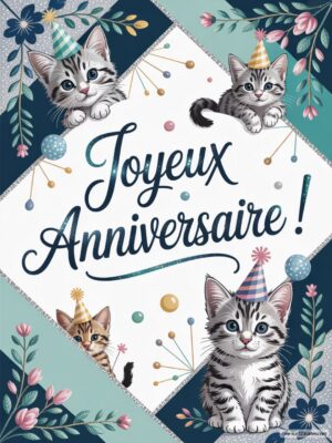 Trois chatons portant des chapeaux de fête entourés de fleurs et de ballons, avec le texte Joyeux Anniversaire !