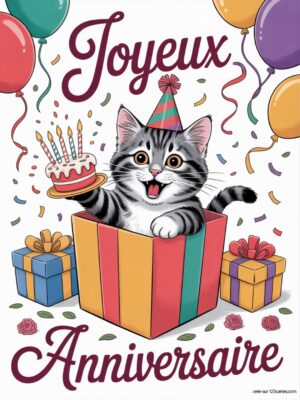 Carte virtuelle anniversaire avec chaton joyeux dans un cadeau, ballons et gâteau.
