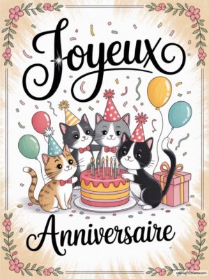 Carte virtuelle anniversaire avec chatons joyeux, gâteau animé et confettis.