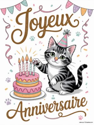 Carte virtuelle anniversaire chaton mignon avec gâteau, animations et musique.