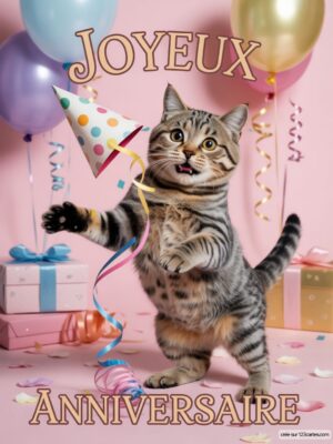 Carte virtuelle anniversaire chat avec chapeau festif, ballons et cadeaux.