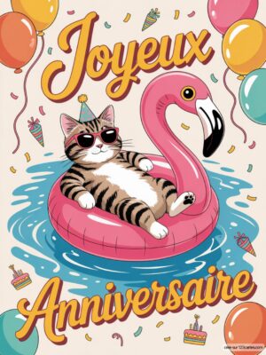 Carte virtuelle anniversaire chat sur bouée flamant rose, ambiance festive et colorée.