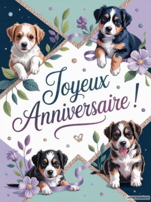 Carte virtuelle anniversaire avec adorables chiots illustrés, fleurs pastel et inscription festive.