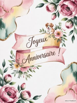 Carte virtuelle anniversaire avec fleurs pastel, chien mignon et bandeau rose, design délicat et joyeux.