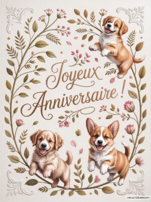Carte virtuelle anniversaire avec chiots corgi illustrés, fleurs pastel et inscription joyeuse.